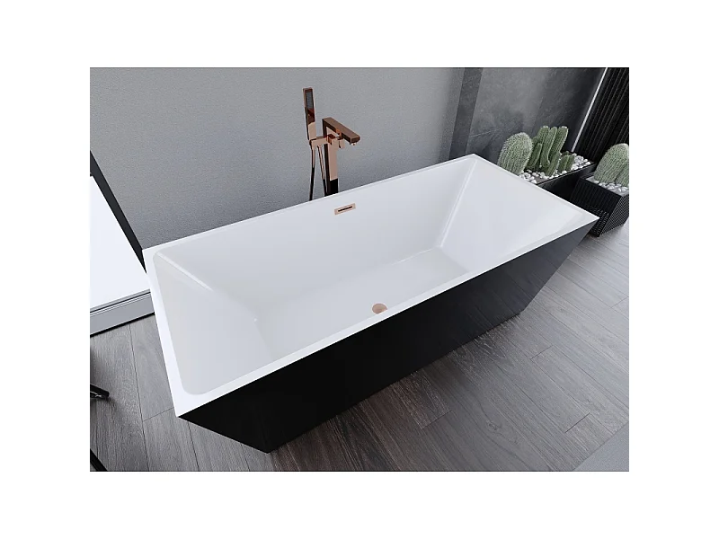 Mexen Lita freistehende Badewanne 170 x 75 cm, weiß/schwarz, Überlauf gebürstetes Kupfer - 52121707575-65
