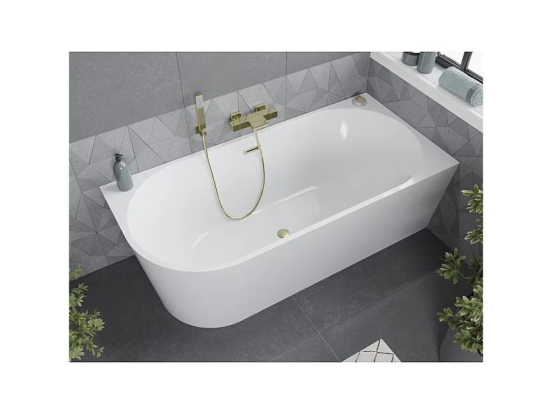 Mexen Mia freestanding corner right bathtub 140 x 75 cm, white, brushed gold overflow - 52691407500P-55