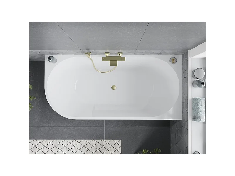 Mexen Mia freestanding corner right bathtub 140 x 75 cm, white, brushed gold overflow - 52691407500P-55