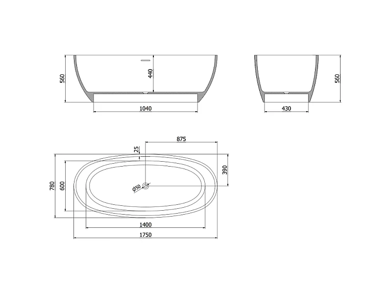 Mexen Torino baignoire autoportante en conglomérat 175 x 78 cm, blanc brillant - 57271757810