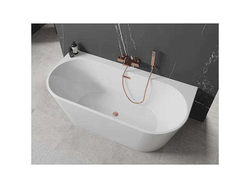 Mexen Oval+ freestanding back-to-wall bathtub 170 x 80 cm, white, brushed copper overflow - 52681708000-65