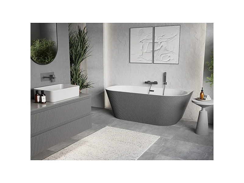 Mexen Oris freestanding back-to-wall fluted 150 x 75 cm, white/gray, overflow gun metal - 52871507562-95
