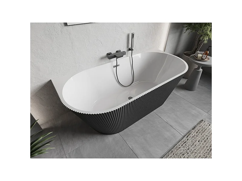Mexen Oris freestanding back-to-wall fluted 150 x 75 cm, white/gray, overflow gun metal - 52871507562-95
