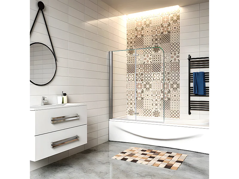 Pare-baignoire 110x140cm pivotant et pliant, paroi de baignoire, écran de douche à 2 volets en verre trempé transparent