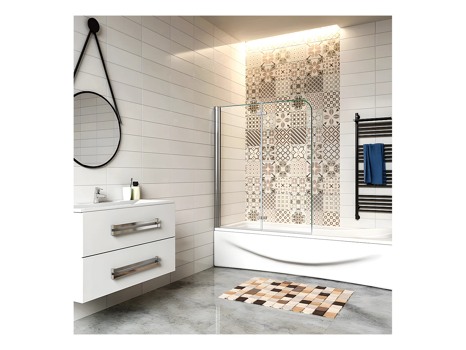 Pare-baignoire 110x140cm pivotant et pliant, paroi de baignoire, écran de douche à 2 volets en verre trempé transparent