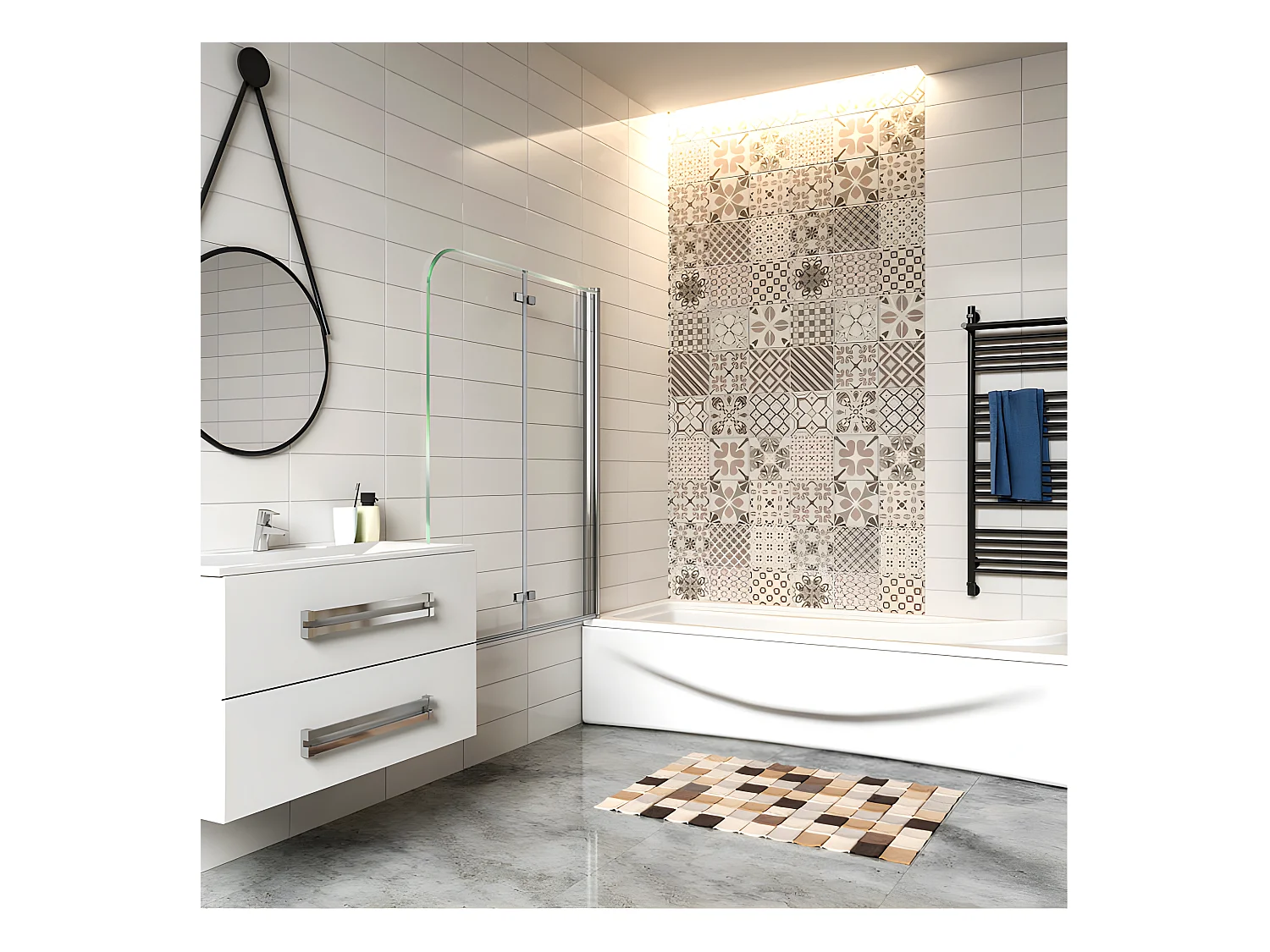 Pare-baignoire 110x140cm pivotant et pliant, paroi de baignoire, écran de douche à 2 volets en verre trempé transparent