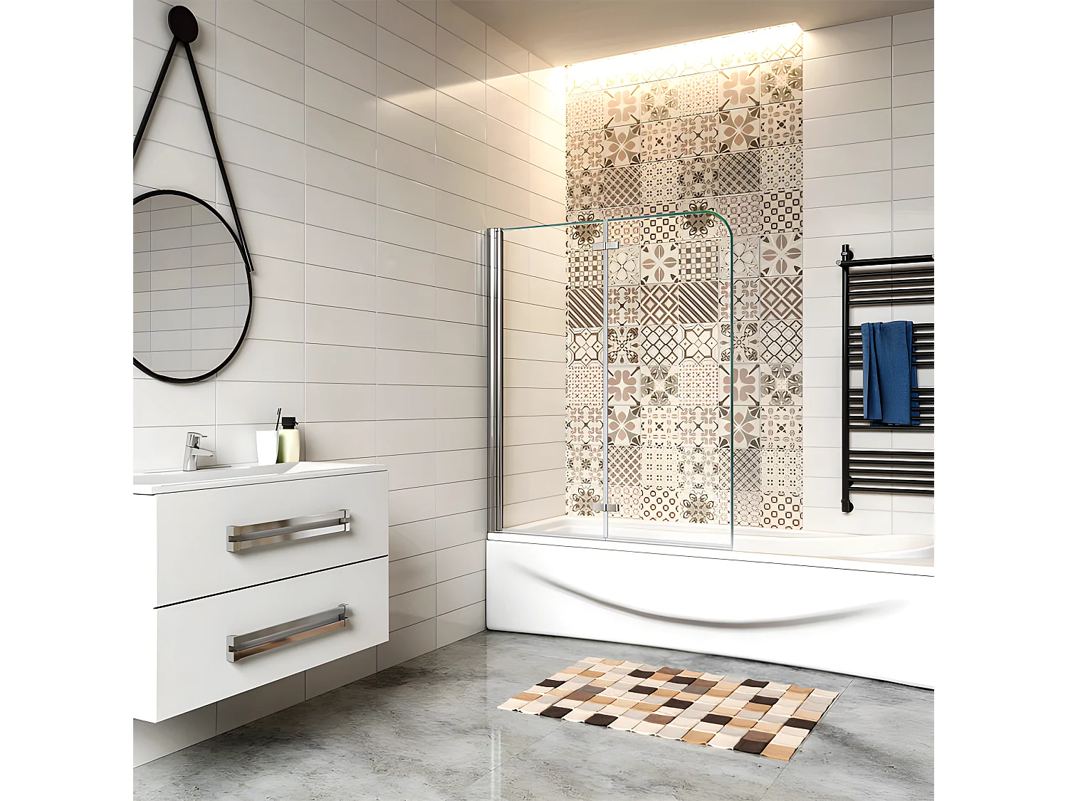 Pare-baignoire 110x140cm pivotant et pliant, paroi de baignoire, écran de douche à 2 volets en verre trempé transparent