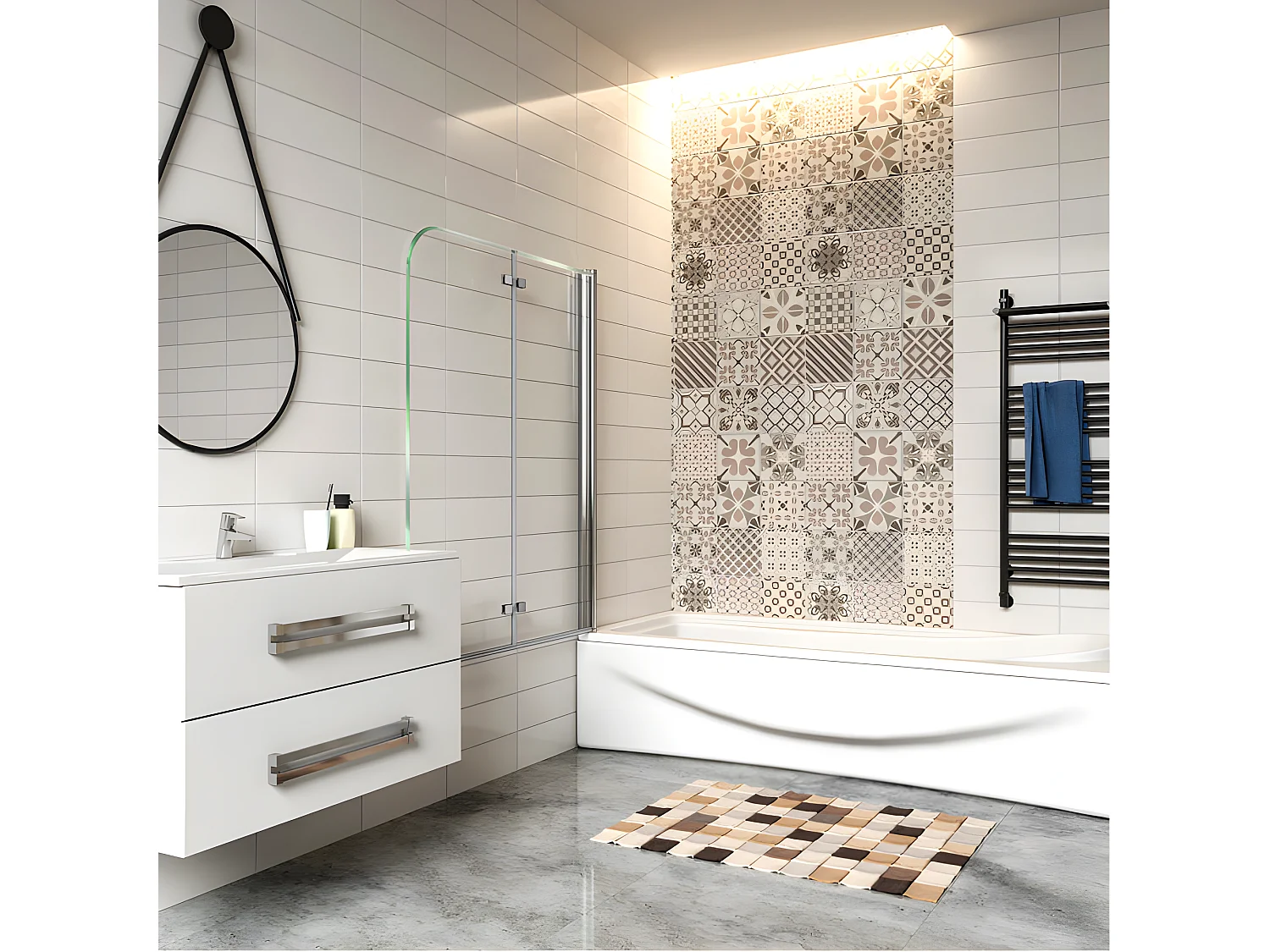 Pare-baignoire 110x140cm pivotant et pliant, paroi de baignoire, écran de douche à 2 volets en verre trempé transparent