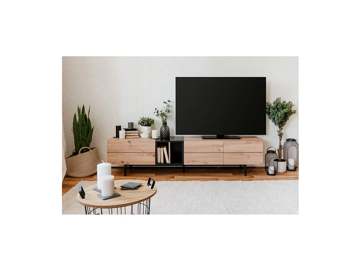 Mueble de TV 3 puertas y 2 baldas 195cm - Acabado madera clara y negro