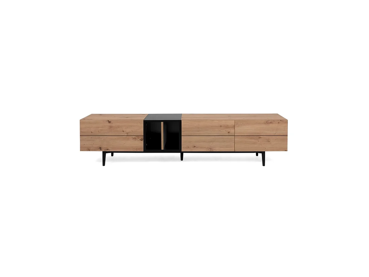 Mueble de TV 3 puertas y 2 baldas 195cm - Acabado madera clara y negro