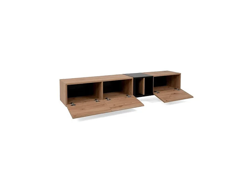 Mueble de TV 3 puertas y 2 baldas 195cm - Acabado madera clara y negro