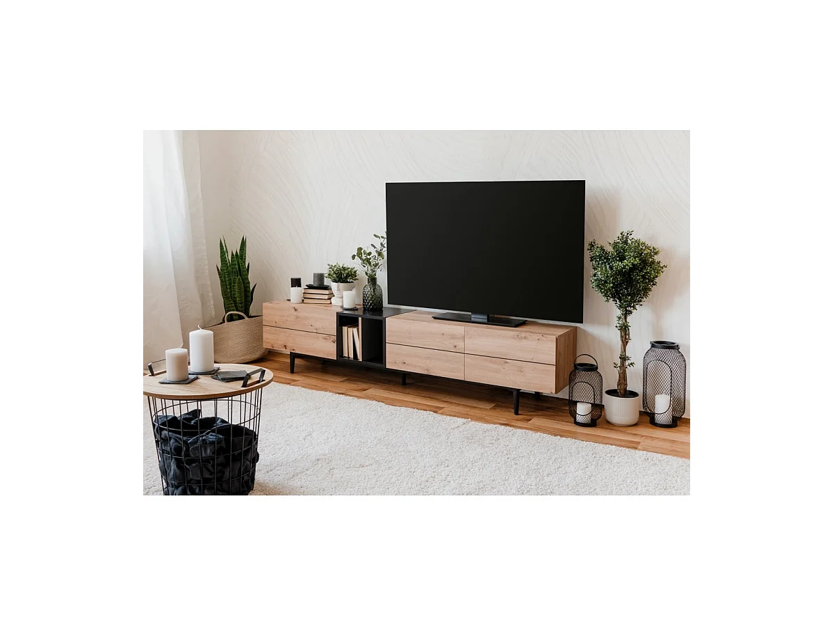 Mueble de TV 3 puertas y 2 baldas 195cm - Acabado madera clara y negro