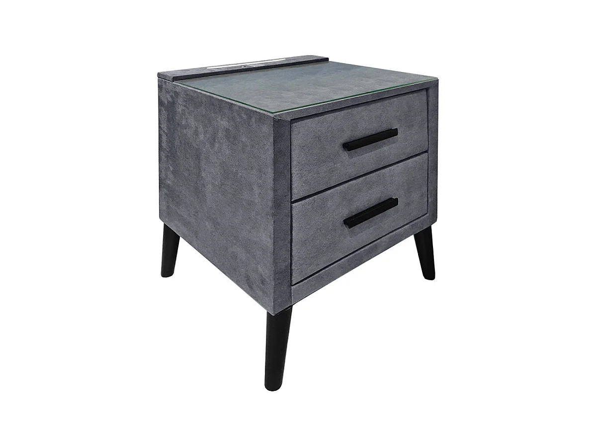 Table de chevet velours gris + LED et 2 prises USB intégrées - BRANDON