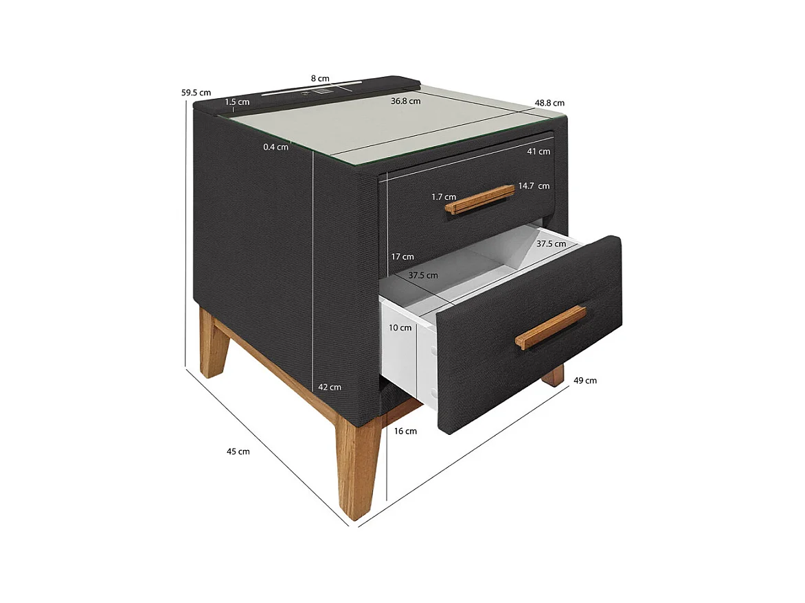 Table de chevet tissu anthracite + LED et 2 prises USB intégrées - SKY