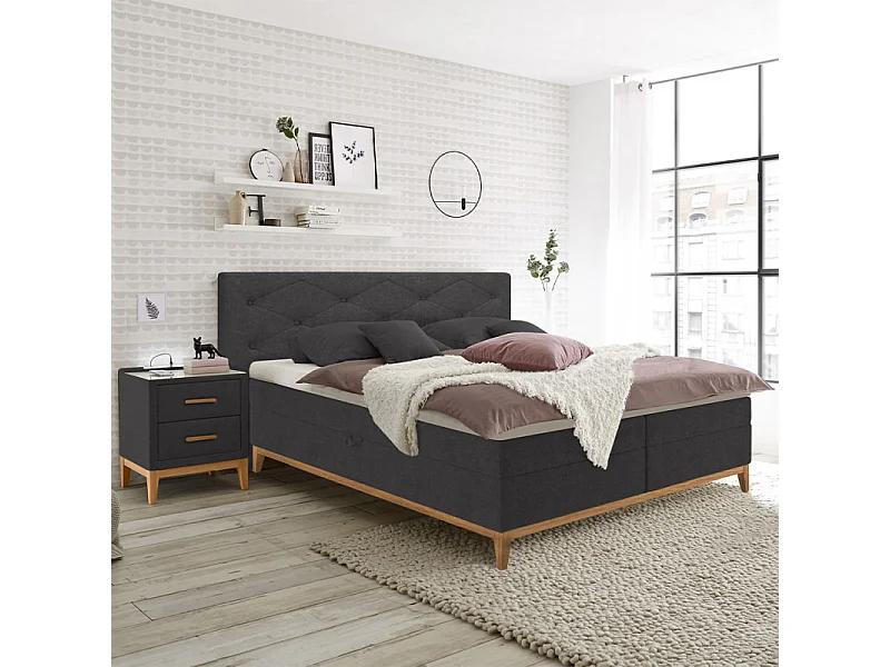 Table de chevet tissu anthracite + LED et 2 prises USB intégrées - SKY