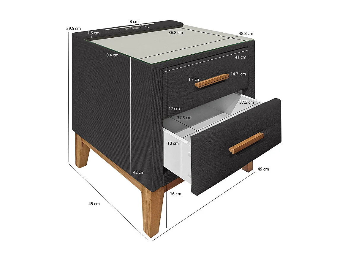 Table de chevet tissu anthracite + LED et 2 prises USB intégrées - SKY