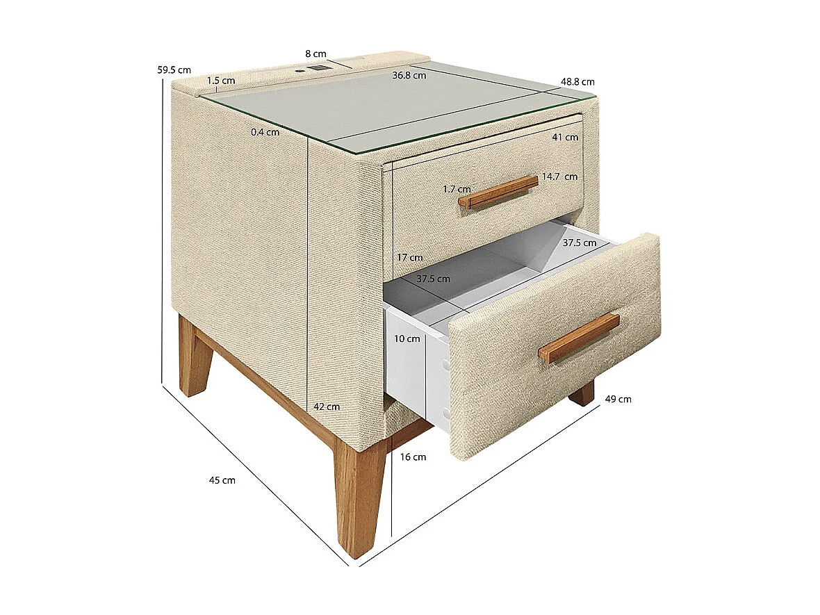 Table de chevet tissu écru + LED et 2 prises USB intégrées - SKY