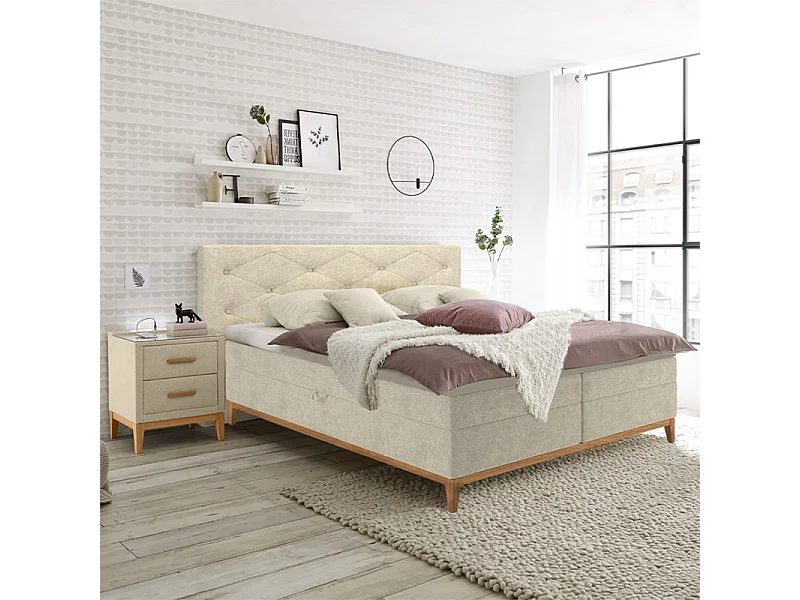 Table de chevet tissu écru + LED et 2 prises USB intégrées - SKY