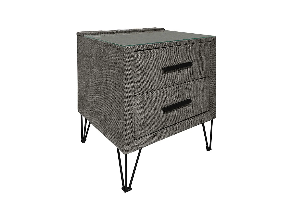 Table de chevet tissu gris + LED et 2 prises USB intégrées - LAYLA