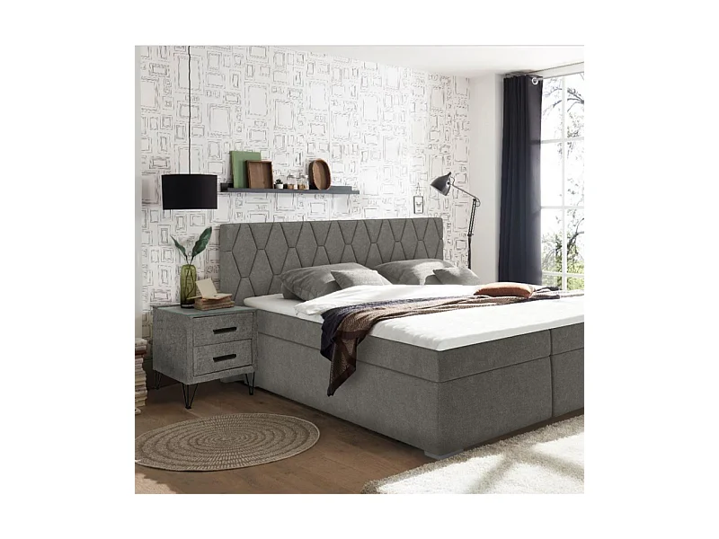 Table de chevet tissu gris + LED et 2 prises USB intégrées - LAYLA