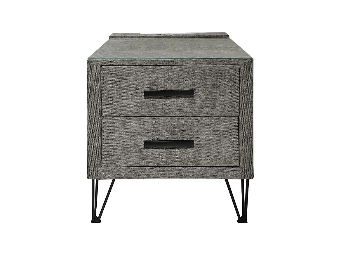 Table de chevet tissu gris + LED et 2 prises USB intégrées - LAYLA