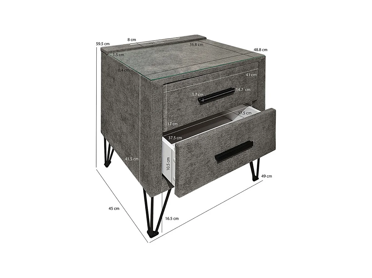 Table de chevet tissu gris + LED et 2 prises USB intégrées - LAYLA