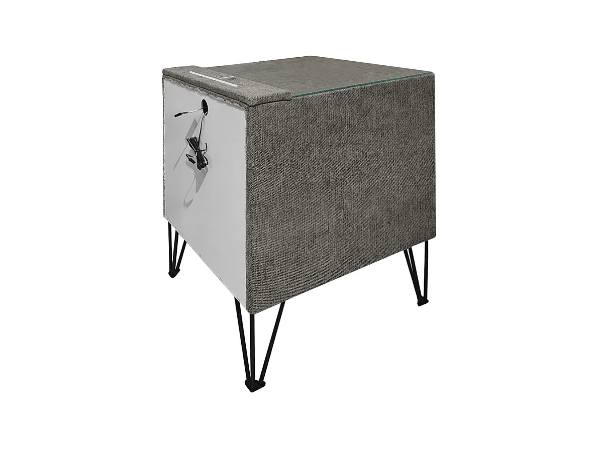 Table de chevet tissu gris + LED et 2 prises USB intégrées - LAYLA