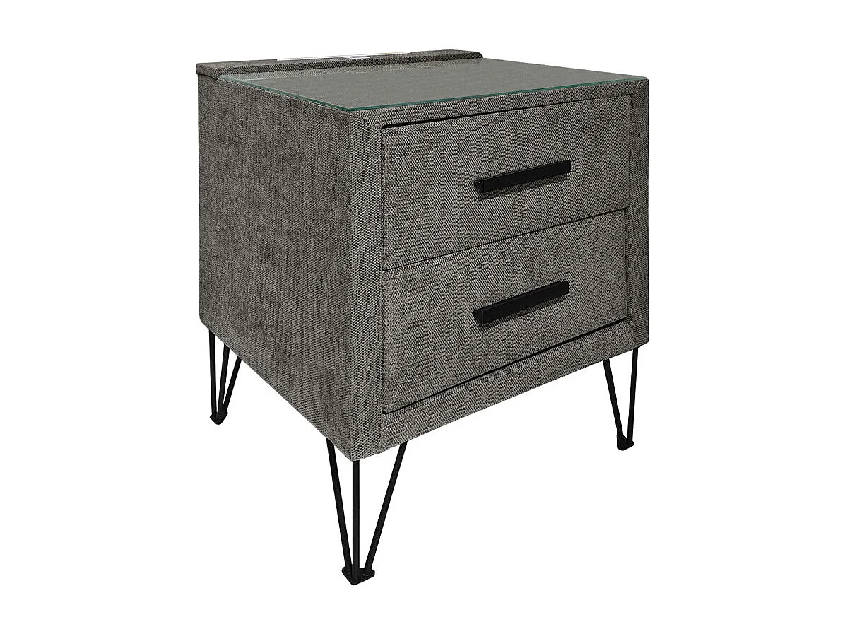 Table de chevet tissu gris + LED et 2 prises USB intégrées - LAYLA