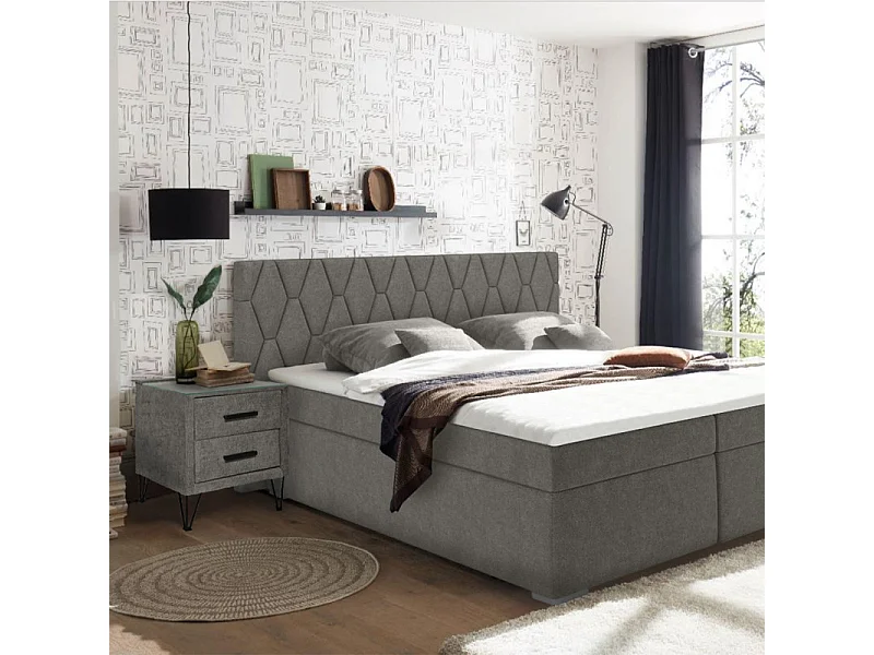 Table de chevet tissu gris + LED et 2 prises USB intégrées - LAYLA