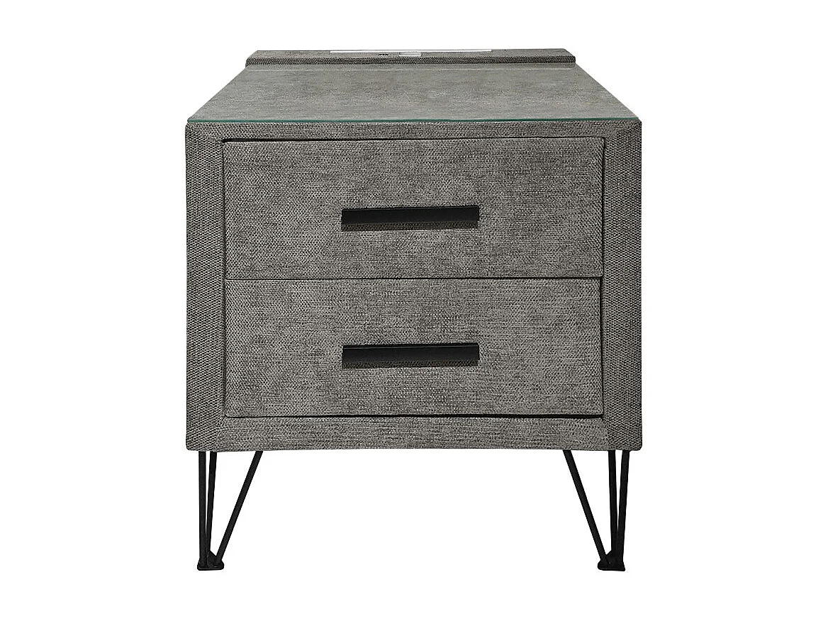 Table de chevet tissu gris + LED et 2 prises USB intégrées - LAYLA