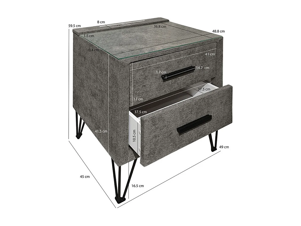 Table de chevet tissu gris + LED et 2 prises USB intégrées - LAYLA