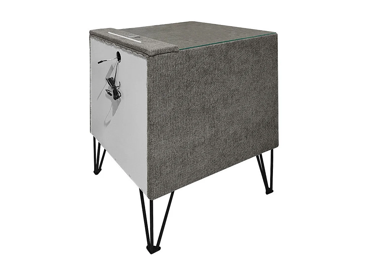 Table de chevet tissu gris + LED et 2 prises USB intégrées - LAYLA