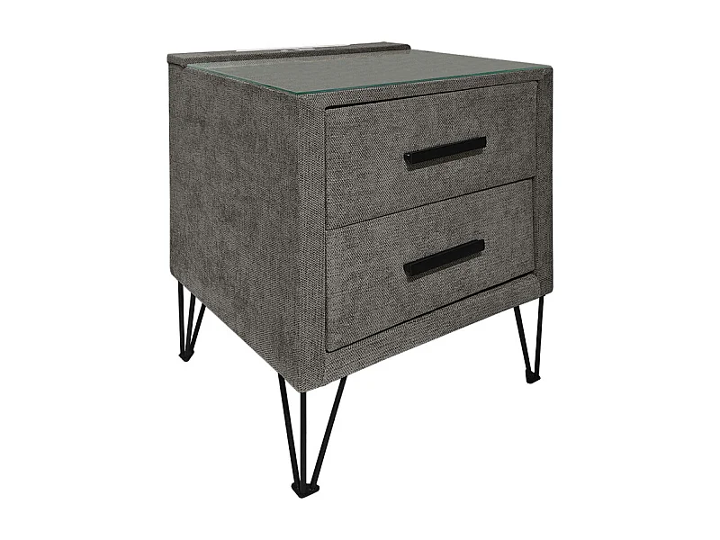 Table de chevet tissu gris + LED et 2 prises USB intégrées - LAYLA