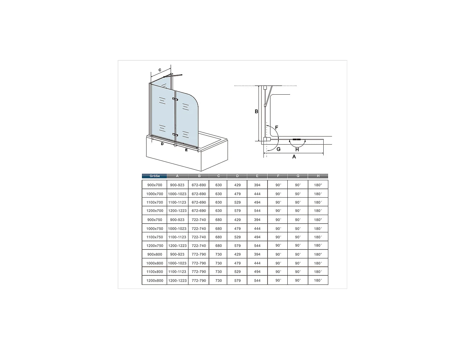 Pare-baignoire pivotant et pliant 100x140cm avec paroi fixe 75x140cm, paroi de baignoire en 6mm verre de sécurité
