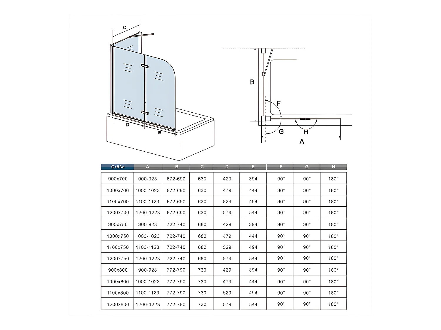 Pare-baignoire pivotant et pliant 120x140cm avec paroi fixe 75x140cm, paroi de baignoire en 6mm verre de sécurité