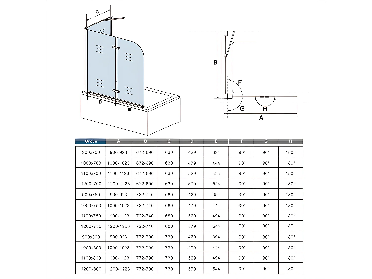 Pare-baignoire pivotant et pliant 120x140cm avec paroi fixe 75x140cm, paroi de baignoire en 6mm verre de sécurité