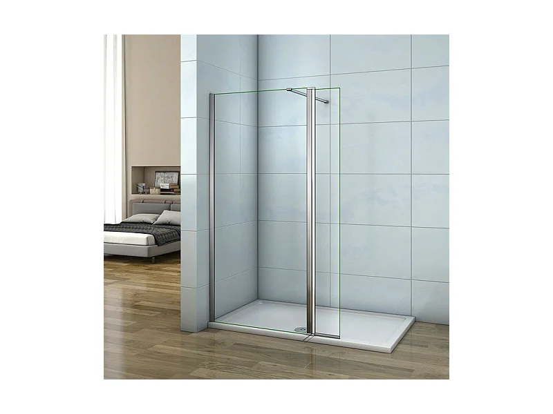 Paroi de douche à l'italienne 130+40x200cm avec retour pivotant - Verre 8mm trempé - Avec barre de fixation 90cm recoupable