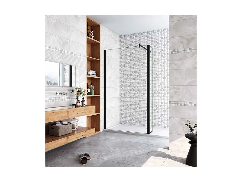 Paroi de douche à l'italienne avec retour pivotant 140+40x200cm avec barre de fixation 140cm en carré - Noir Mat - 8mm verre anticalcaire