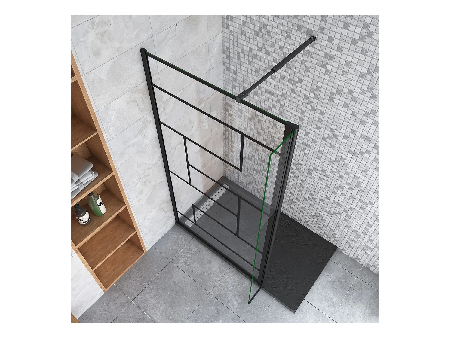 Paroi de douche fixe à l'italienne 80+30x200cm avec retour pivotant - Noir - avec barre de fixation 73-120cm en carré