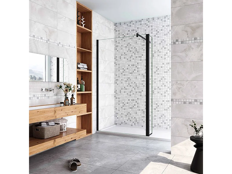 Italiaanse stijl douchewand met roterende rug 100+40x200cm, vaste staaf 140cm vierkant mat zwart 8mm anti scaling glas