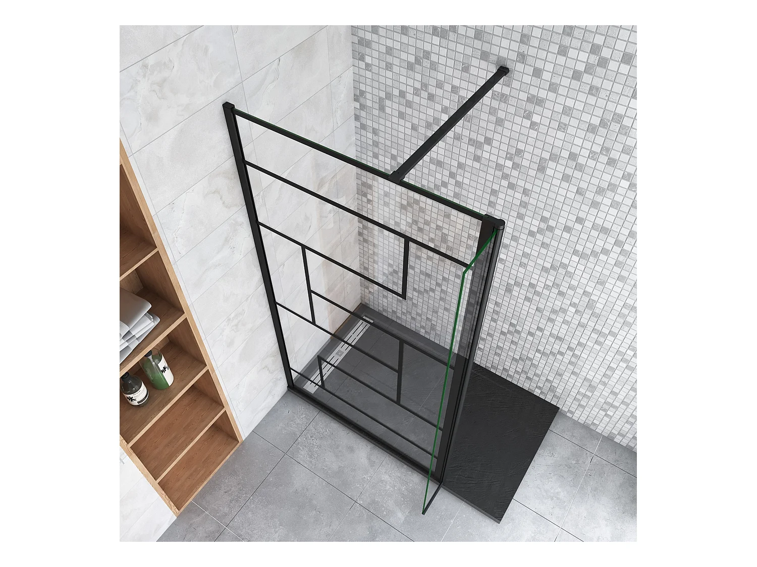 Paroi de douche fixe à l'italienne 120+30x200cm avec retour pivotant - Noir - avec barre de fixation 90cm recoupable