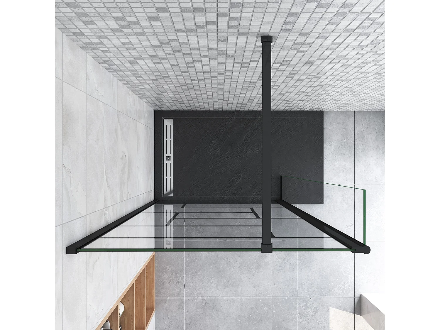 Paroi de douche fixe à l'italienne 120+30x200cm avec retour pivotant - Noir - avec barre de fixation 90cm recoupable