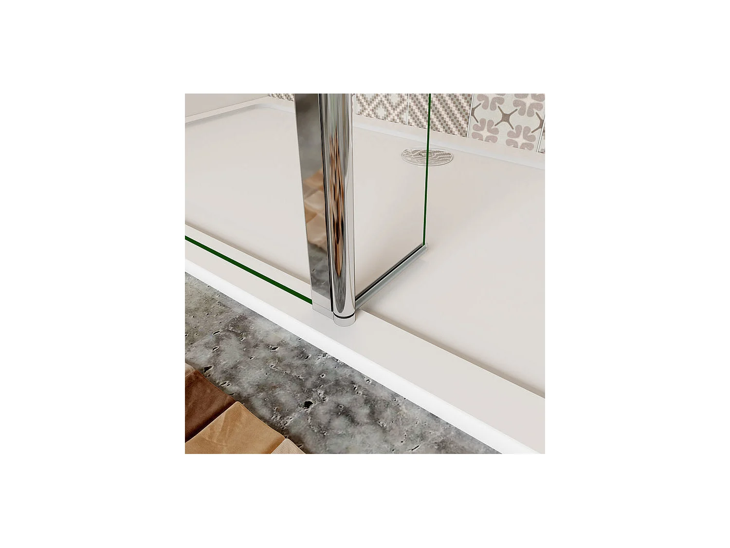 Paroi de douche à l'italienne verre dépoli au centre 100+30x200cm avec retour pivotant, avec barre de fixation 70-120cm en cylindrique