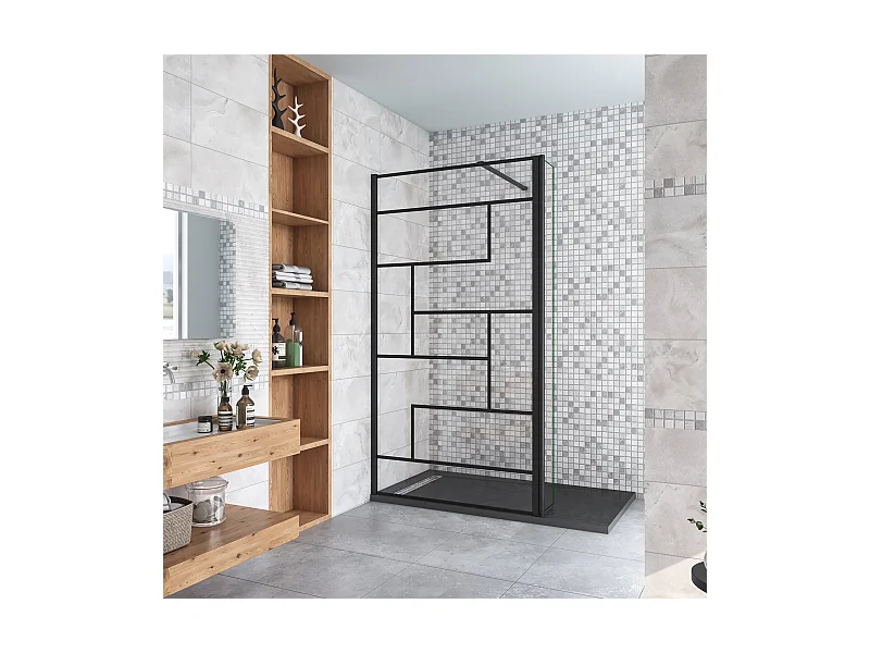 Paroi de douche fixe à l'italienne 100+30x200cm avec retour pivotant - Noir - avec barre de fixation 90cm recoupable