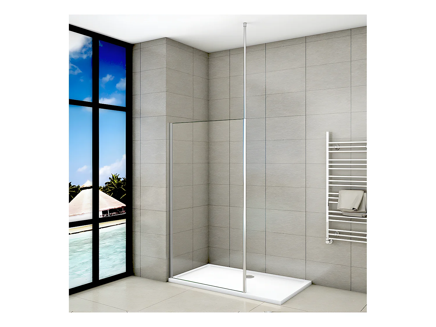 Stap in douchewand 130x200cm, met plafondbevestigingsstaaf 203-320cm verchroomd -8mm transparant gehard glas