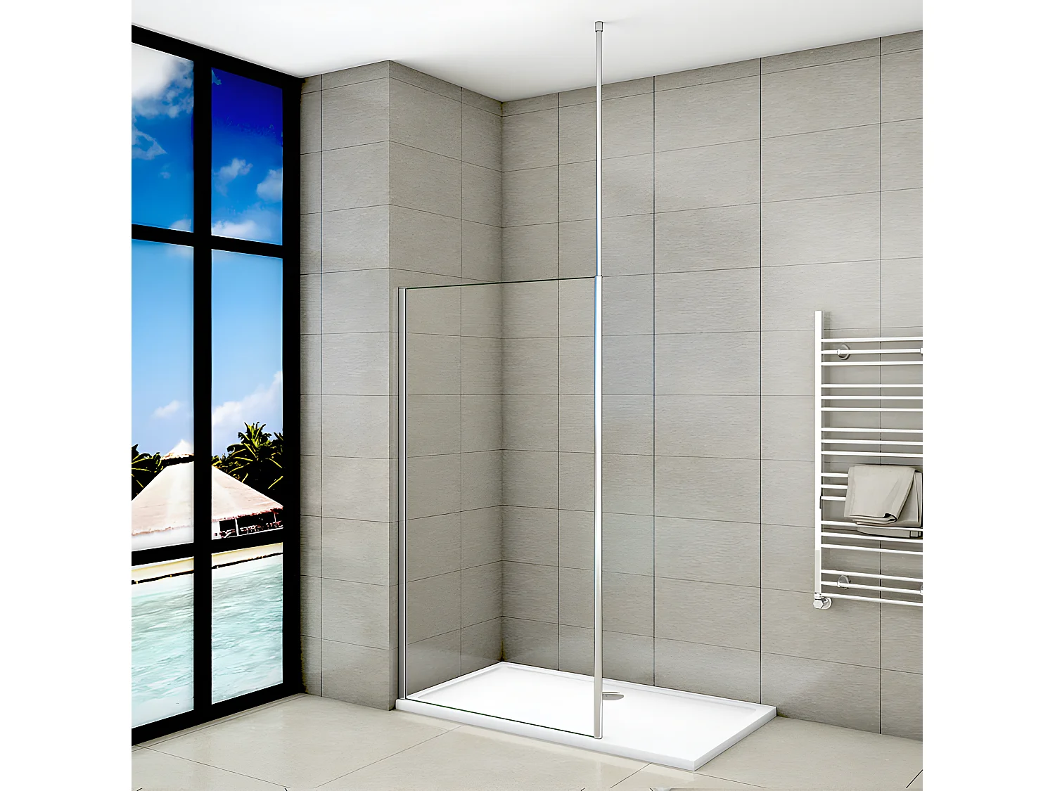 Paroi de douche à l'italienne 130x200cm avec barre de fixation au plafond 203-320cm - Chromé - Verre 8mm trempé transparent