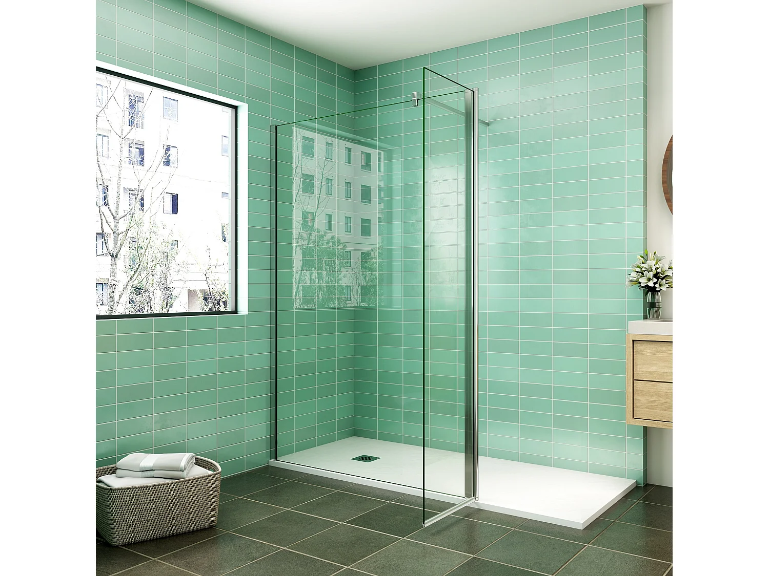 Italiaanse douchewand 100x200cm, met draaibare achterkant 50x200cm, veiligheidsglas met vierkante bevestigingsstaf 140cm