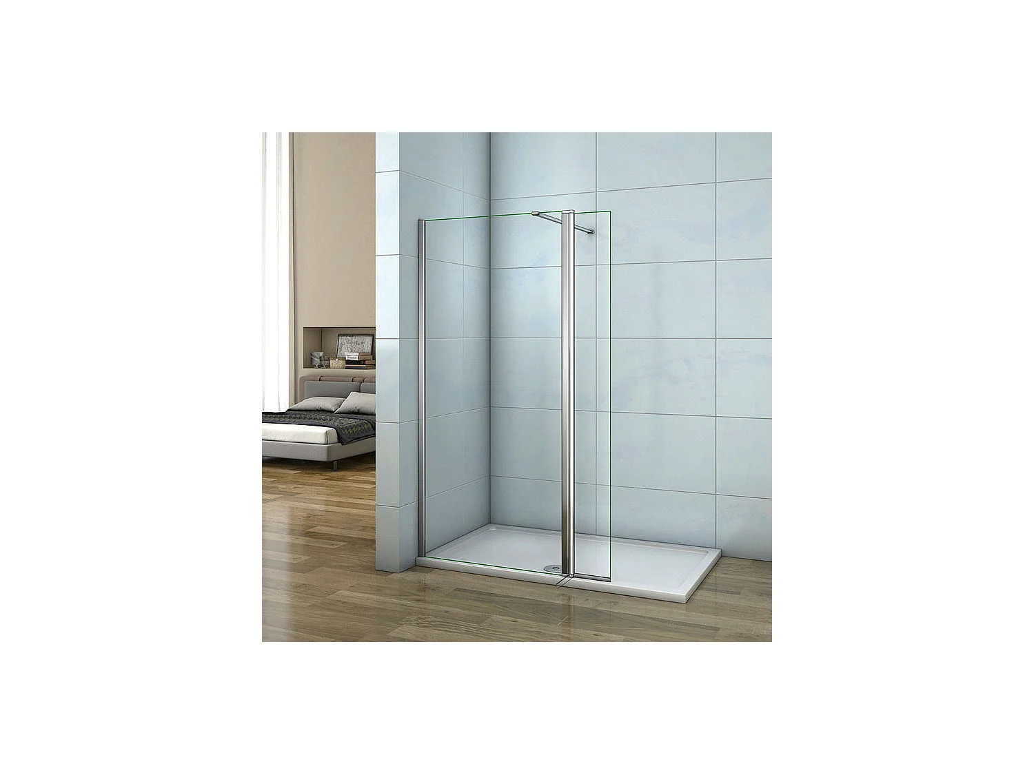 Paroi de douche à l'italienne 50+40x200cm avec retour pivotant - Verre 8mm trempé - Avec barre de fixation 140cm recoupable