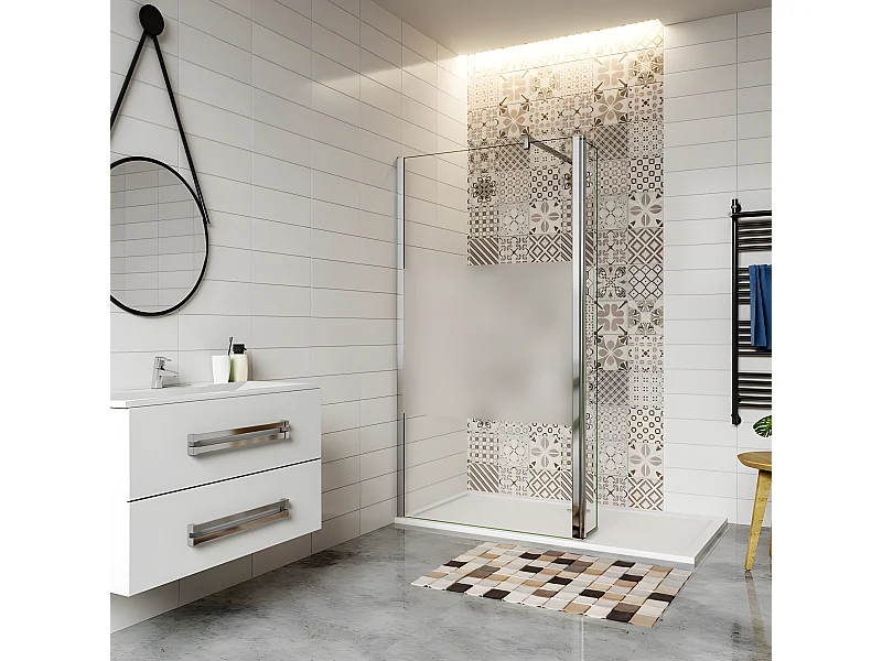 Paroi de douche à l'italienne verre dépoli au centre 100+30x200cm avec retour pivotant, avec barre de fixation 90cm en carré