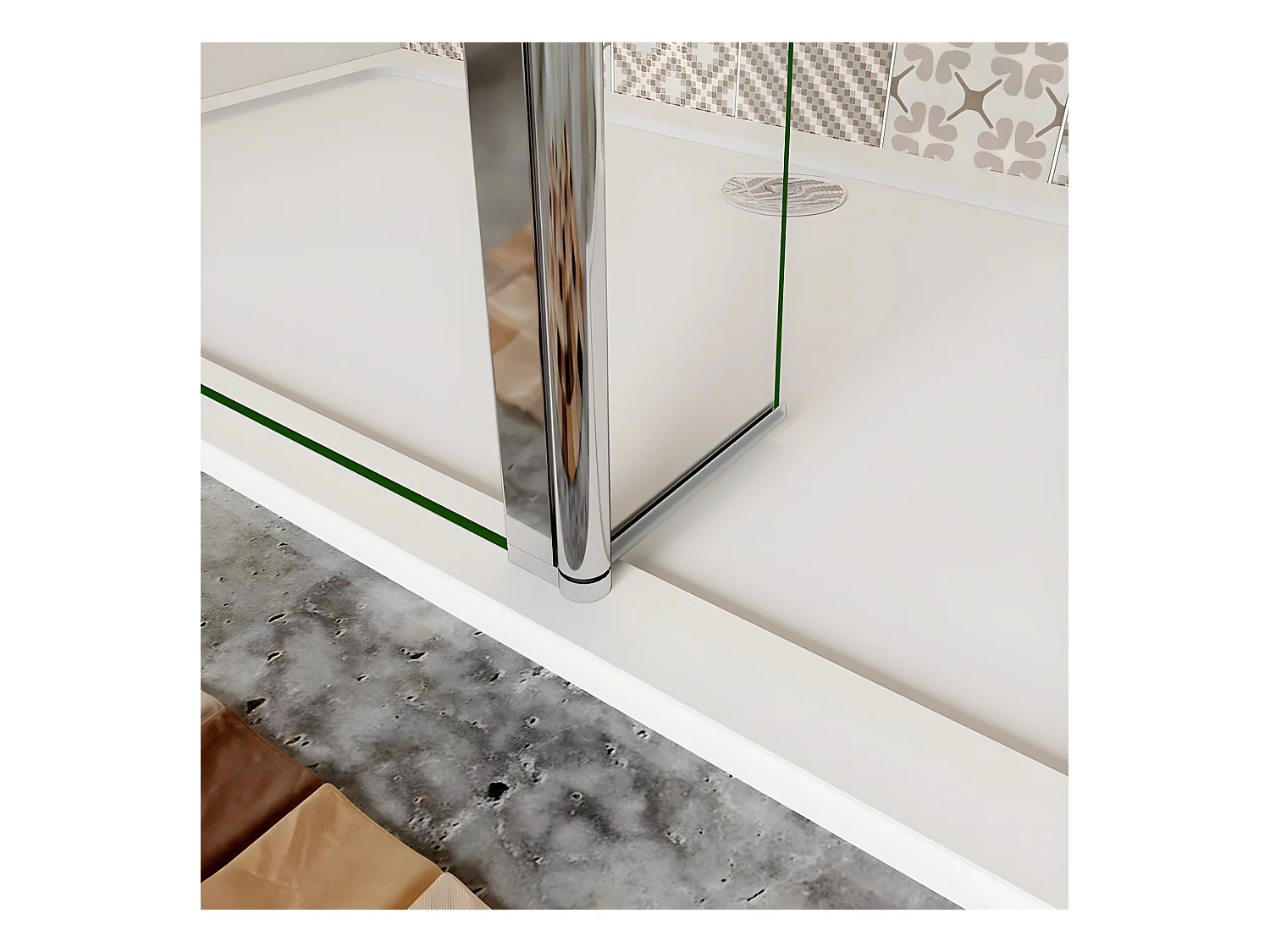 Paroi de douche à l'italienne verre dépoli au centre 100+30x200cm avec retour pivotant, avec barre de fixation 90cm en carré